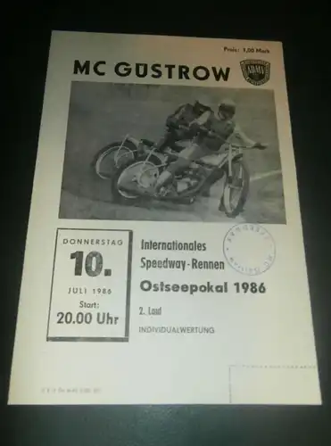 Speedway Güstrow 10.07.1986 , Ostseepokal , Programmheft , Programm , Rennprogramm !!!