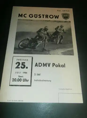 Speedway Güstrow 25.07.1986 , ADMV Pokal , Programmheft , Programm , Rennprogramm !!!