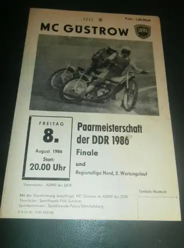 Speedway Güstrow 08.08.1986 , Finale DDR Paarmeisterschaft  , Programmheft , Programm , Rennprogramm !!!