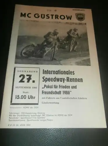 Speedway Güstrow 27.09.1986 , Pokal für Frieden und Freundschaft , Programmheft , Programm , Rennprogramm !!!