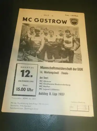 Speedway Güstrow 12.10.1986 ,  Finale DDR Meisterschaft , Programmheft , Programm , Rennprogramm !!!