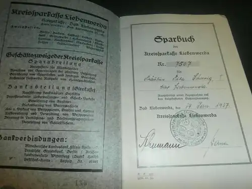 altes Sparbuch Bad Liebenwerda , 1937 - 1945 , Frida Schurig , Sparkasse , Bank !!!