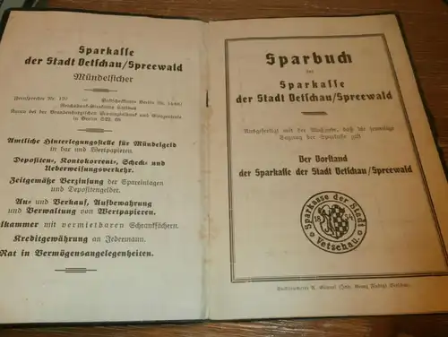 altes Sparbuch Vetschau i. Spreewald , 1938 - 1945 , August Trebus , Landwirt in Vetschau , Sparkasse , Bank !!!