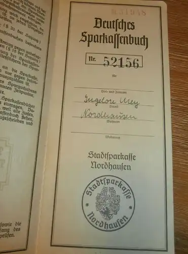altes Sparbuch Nordhausen , 1941 - 1945 , Ingelore Mey in Nordhausen , Sparkasse , Bank !!!