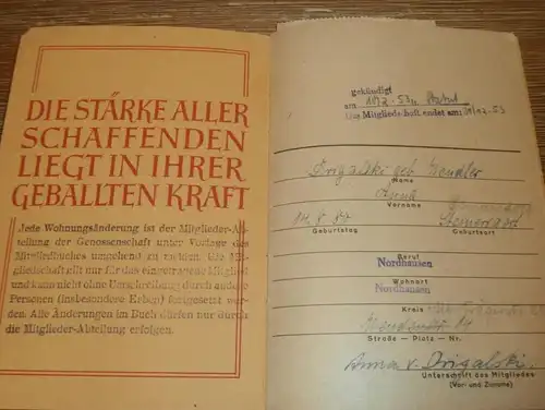 altes KONSUM Mitgleidsbuch Nordhausen , 1946 - 1952, Anna von Drigalski geb. Wendler , Simonsdorf , Sparkasse , Bank !!!