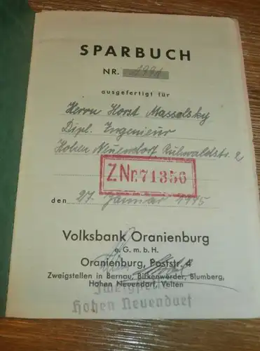 altes Sparbuch Oranienburg , 1945 , Horst Massalsky in Berlin Hohen Neuendorf mit Dokument 1945 , Sparkasse , Bank !!!