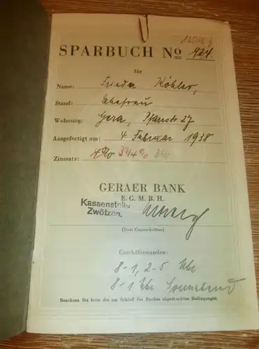 altes Sparbuch Gera , 1938 - 1944 , Frieda Köhler , Sparkasse , Bank !!!