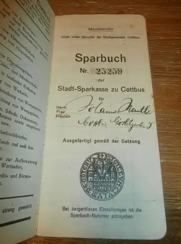 altes Sparbuch Cottbus , 1935 - 1944 , Johannes Manthei in Cottbus , Sparkasse , Bank !!!