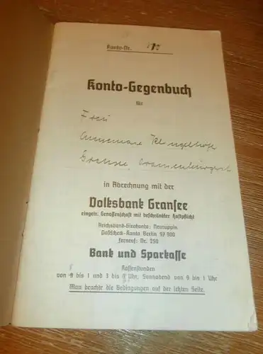 altes Sparbuch Gransee , 1944 - Juli 1945 , Annemarie Klingelhöfer in Gransee , Sparkasse , Bank !!!