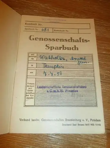 altes Sparbuch Templin , 1951 - 1953 , Arwed Wietholtz in Templin , Prenzlau , Sparkasse , Bank !!!