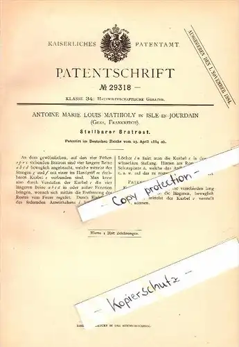 Original Patent - A.M. à Mathioly in L’Isle-Jourdain , 1884 , Grill pour le barbecue !!!
