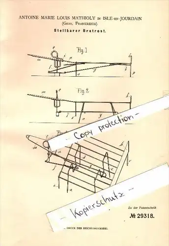 Original Patent - A.M. à Mathioly in L’Isle-Jourdain , 1884 , Grill pour le barbecue !!!