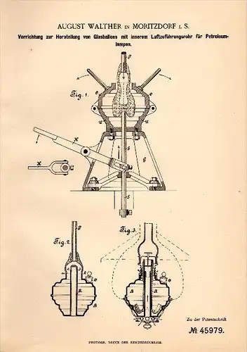 Original Patent - August Walther in Moritzdorf / Ottendorf-Okrilla i.S. , 1888, Glasballons für Petroleumlampen , Ballon