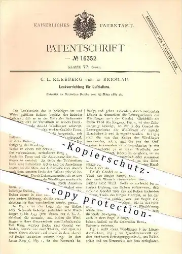original Patent - C. L. Kleeberg Senior in Breslau , 1881 , Lenkvorrichtung für Lutballons , Lenkung , Ballon , Ballons