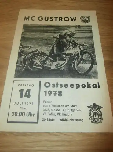 Speedway Güstrow  14.7.1978 , Speedwayrennen , Programmheft / Programm / Rennprogramm , program !!!