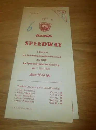 Speedway Güstrow  1.5.1968 , Speedwayrennen , Programmheft / Programm / Rennprogramm , program !!!