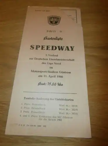 Speedway Güstrow  11.04.1966 , Speedwayrennen , Programmheft / Programm / Rennprogramm , program !!!