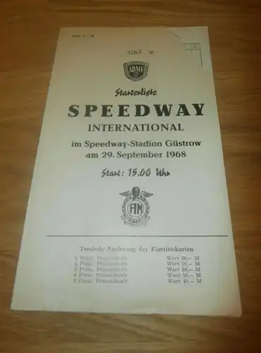 Speedway Güstrow  29.9.1968 , Speedwayrennen , Programmheft / Programm / Rennprogramm , program !!!