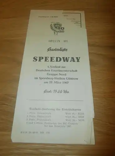 Speedway Güstrow  27.3.1967 , Speedwayrennen , Programmheft / Programm / Rennprogramm , program !!!