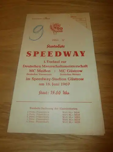 Speedway Güstrow  18.6.1967 , Speedwayrennen , Programmheft / Programm / Rennprogramm , program !!!