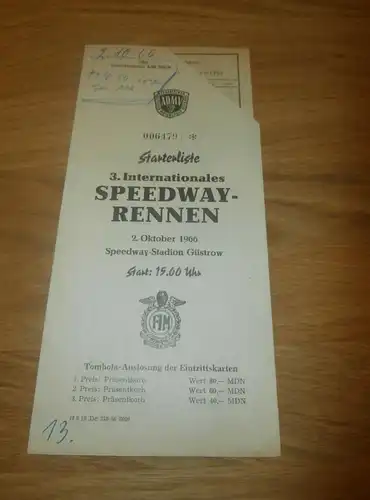 Speedway Güstrow  2.10.1966 , Speedwayrennen , Programmheft / Programm / Rennprogramm , program !!!