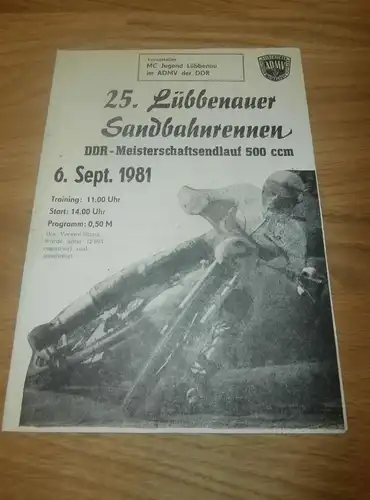 Sandbahnrennen Lübbenau 6.9.1981 , Sandbahn , Programmheft / Programm / Rennprogramm , program !!!
