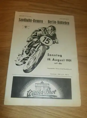 Sandbahnrennen Berlin Ruhleben 19.08.1951 , Sandbahn, Programmheft / Programm / Rennprogramm , program !!!