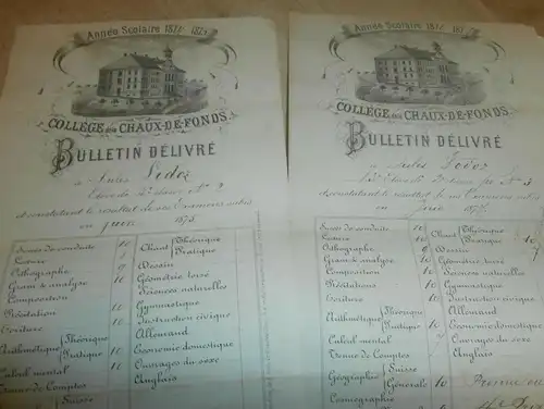 Konvolut - College de La Chaux-de-Fonds , 1873-1877 , vom bekannten Professor Jules Vodoz !!!