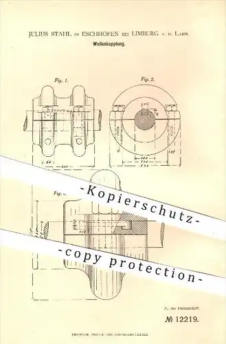 original Patent - Julius Stahl in Eschhofen bei Limburg , 1880 , Wellen - Kupplung , Kupplungen , Maschinen !!!