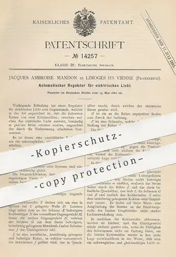 original Patent - Jacques Ambroise Mandon , Limoges Vienne , Frankreich , 1880 , Regulator f. elektrisches Licht | Strom