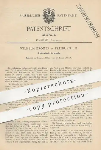original Patent - Wilhelm Kromer , Freiburg i. B. , 1886 , Schlüsselloch - Verschluss | Schloss , Türschloss , Schlosser