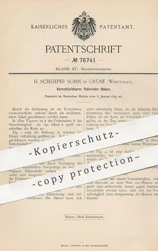 original Patent - H. Schlieper Sohn , Grüne / Westfalen , 1894 , Federnder Haken | Karabiner , Verschluss , Kette