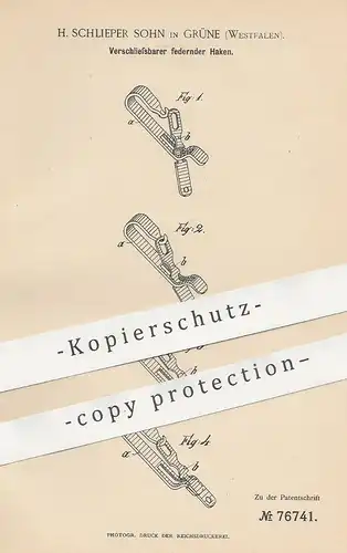 original Patent - H. Schlieper Sohn , Grüne / Westfalen , 1894 , Federnder Haken | Karabiner , Verschluss , Kette