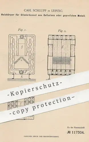 original Patent - Carl Schlupp , Leipzig , 1899 , Heizkörper für Gliederkessel aus Gusseisen | Kessel , Heizung , Ofen