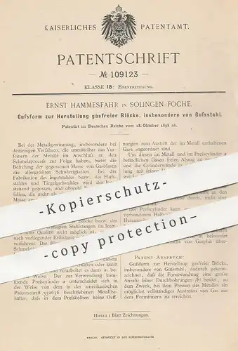original Patent - Ernst Hammesfahr , Solingen / Foche , 1898 , Gussform zur Herst. v. Gussstahl , Stahl , Eisen | Presse