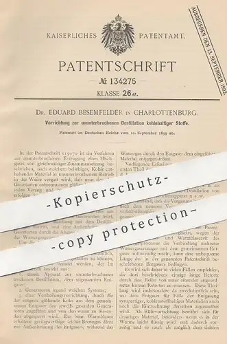 original Patent - Dr. Eduard Besemfelder , Berlin / Charlottenburg , 1899 , Destillation kohlehaltiger Stoffe | Gas !!