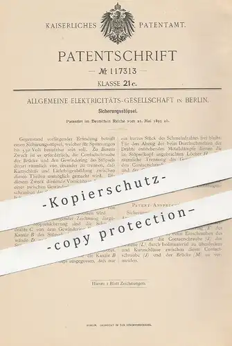 original Patent - Allgemeine Elektricitäts-Gesellschaft , Berlin , 1899 , Sicherungsstöpsel | Bahn , Straßenbahn , Zug