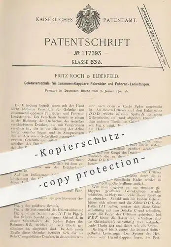 original Patent - Fritz Koch , Elberfeld , 1900 , Gelenkverschluss für Fahrräder u. Fahrrad - Lenkstangen | Lenker , Rad