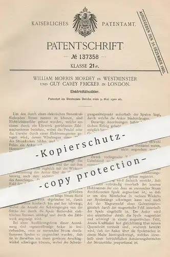 original Patent - illiam Morris Mordey , Westminster | Guy Carey Fricker , London , England , 1900 , Stromzähler | Strom