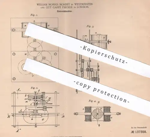 original Patent - illiam Morris Mordey , Westminster | Guy Carey Fricker , London , England , 1900 , Stromzähler | Strom