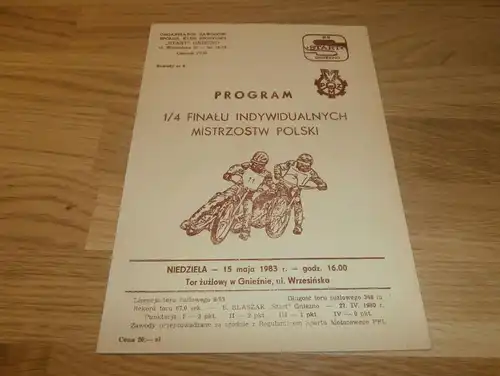 Speedway Gniezno 15.05.1983 , Programmheft / Programm / Rennprogramm !!!
