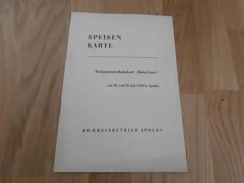 Moto Cross Apolda 26.07.1970 , Weltmeisterschaft , Speisekarte , Motocross , Programmheft / Programm / Rennprogramm !!!