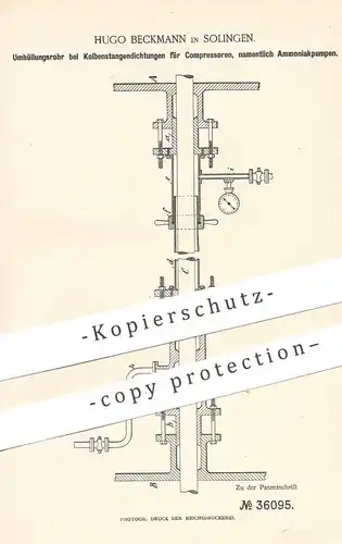 original Patent - Hugo Beckmann , Solingen , 1885 , Rohr für Kolbenstangendichtung am Kompressor | Ammoniak - Pumpe !!