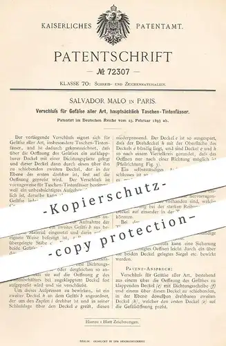 original Patent - Salvador Malo , Paris , Frankreich , 1893 , Verschluss für Tintenfass , Gefäße , Taschenflasche !!!