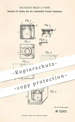 original Patent - Salvador Malo , Paris , Frankreich , 1893 , Verschluss für Tintenfass , Gefäße , Taschenflasche !!!