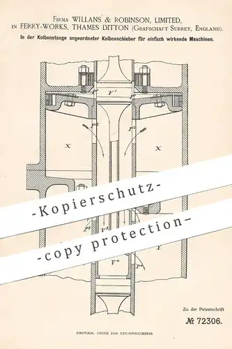 original Patent - Willians & Robinson , Limited in Ferry Works , Thames Ditton , Surrey , England , 1893 , Kolbenstange