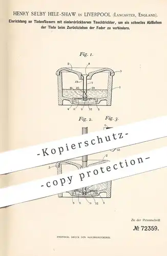 original Patent - Henry Selby Hele-Shaw , Liverpool , Lancaster , England , 1893 , Tintenfass | Tinte , Füller !!!