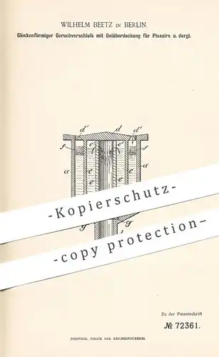 original Patent - Wilhelm Beetz , Berlin , 1891 , Geruchverschluss für Pissoirs , WC , Kloset , Toilette | Klempner !!