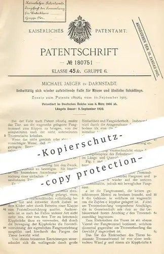 original Patent - Michael Jaeger , Darmstadt , 1906 , Falle für Mäuse u. ä. Schädlinge | Mausefalle , Maus , Ratten !!