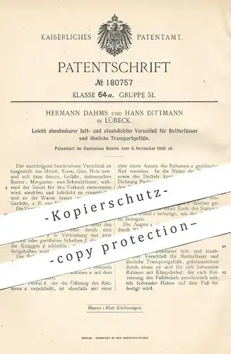 original Patent - Hermann Dahms , Hans Dittmann , Lübeck , 1905 , luft- u. staubdichter Verschluss für Fass , Butterfass